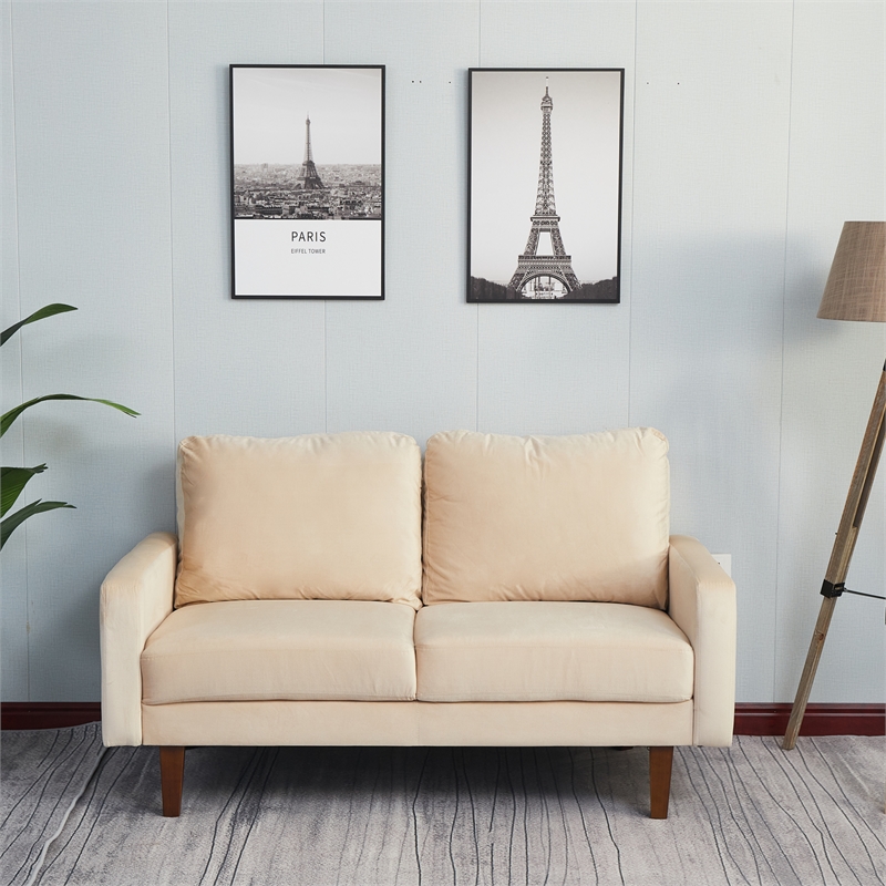 Pemberly Row Velvet Loveseat Modern Sofa with Wooden Legs-Beige