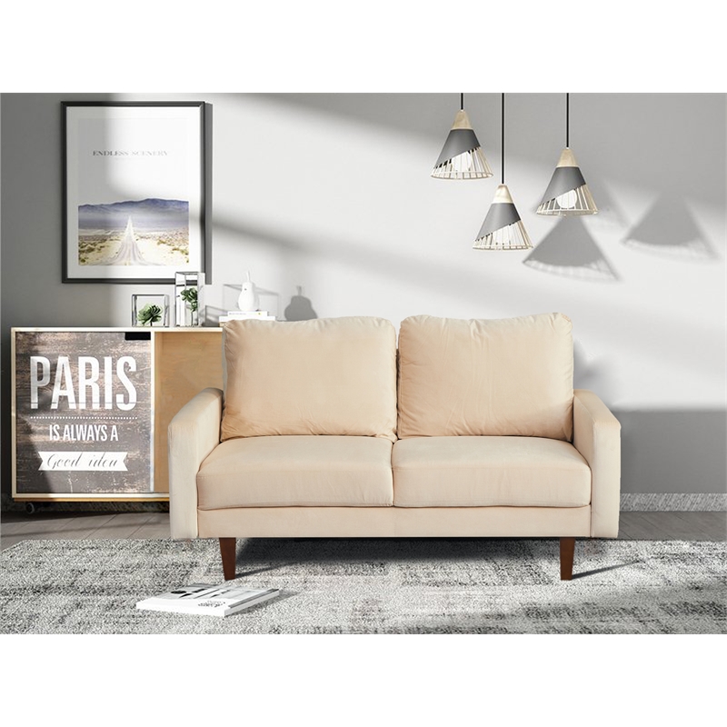 Pemberly Row Velvet Loveseat Modern Sofa with Wooden Legs-Beige