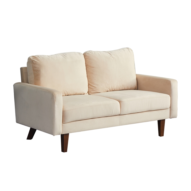 Pemberly Row Velvet Loveseat Modern Sofa with Wooden Legs-Beige