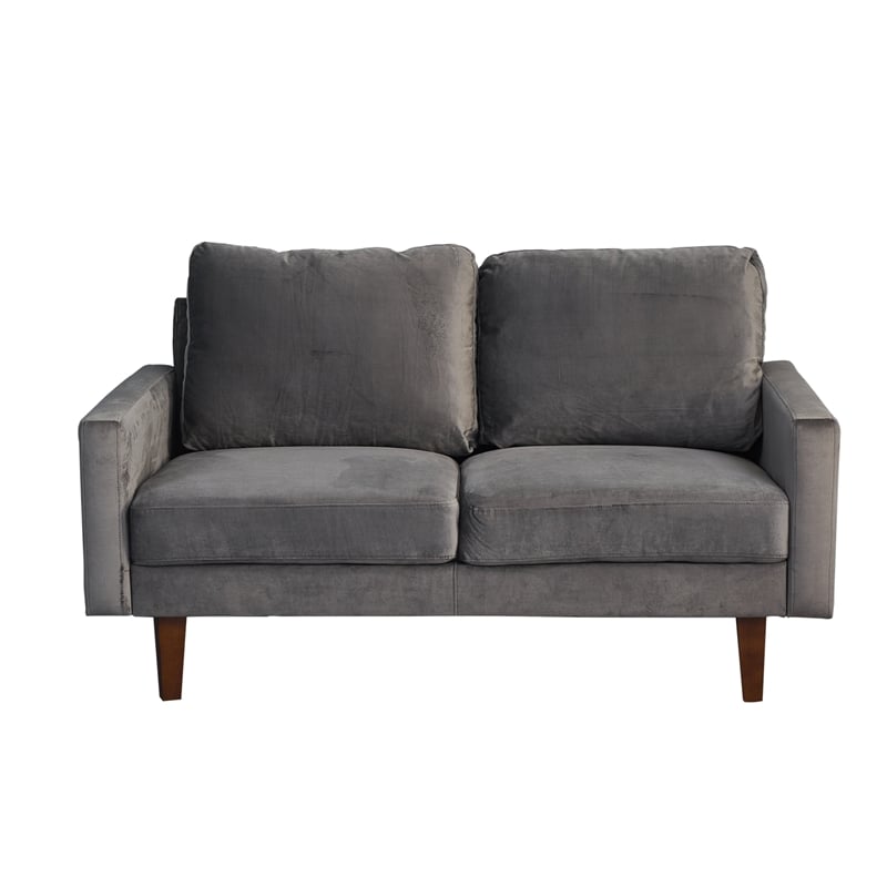Pemberly Row Velvet Loveseat Modern Sofa with Wooden Legs-Grey
