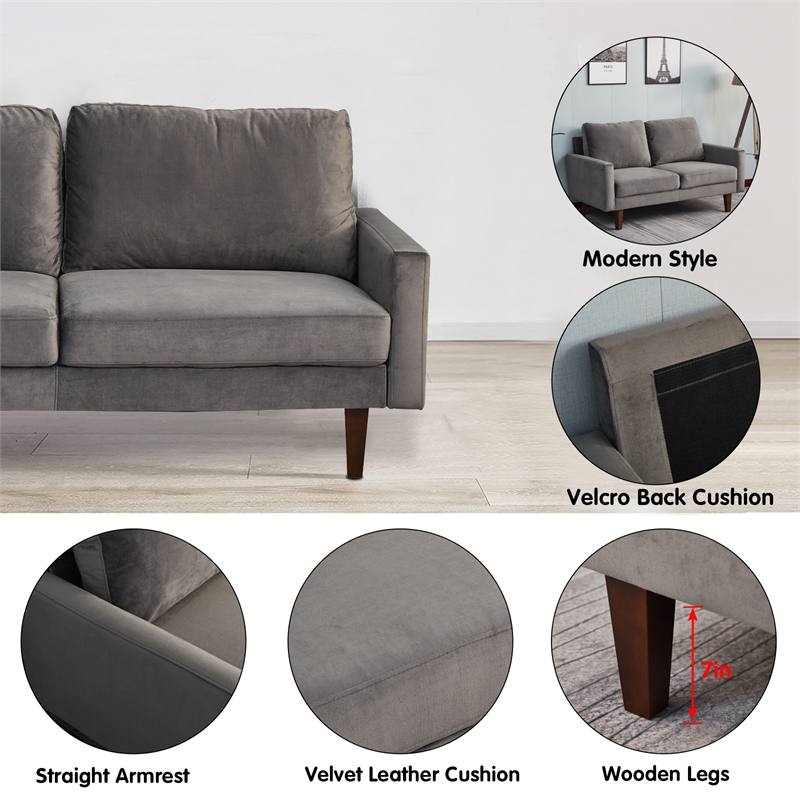 Pemberly Row Velvet Loveseat Modern Sofa with Wooden Legs-Grey