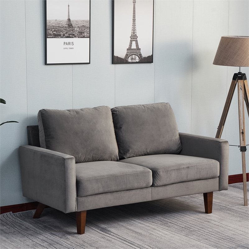 Pemberly Row Velvet Loveseat Modern Sofa with Wooden Legs-Grey