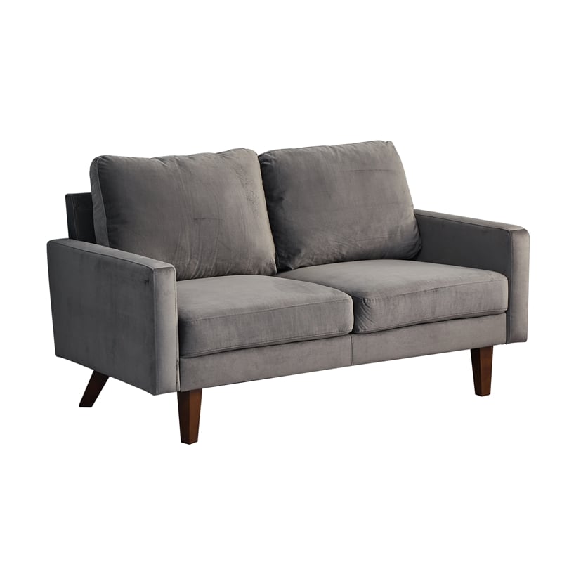 Pemberly Row Velvet Loveseat Modern Sofa with Wooden Legs-Grey