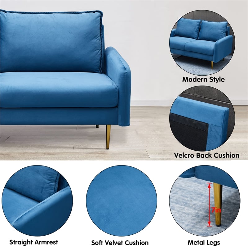 Pemberly Row Velvet Loveseat Modern Sofa with Metal Legs for Living Room-Blue