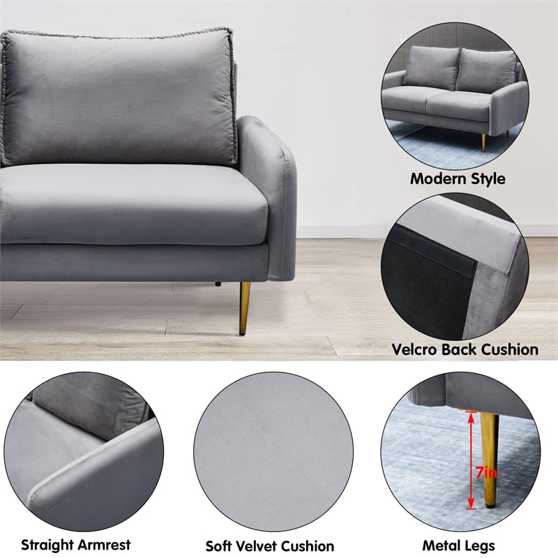 Pemberly Row Velvet Loveseat Modern Sofa with Metal Legs for Living Room-Grey