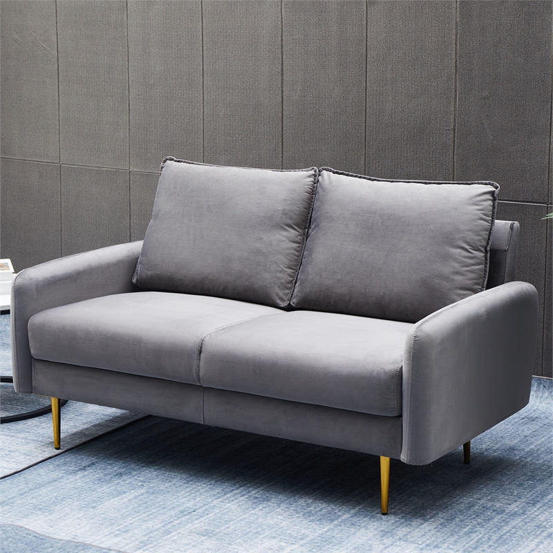 Pemberly Row Velvet Loveseat Modern Sofa with Metal Legs for Living Room-Grey