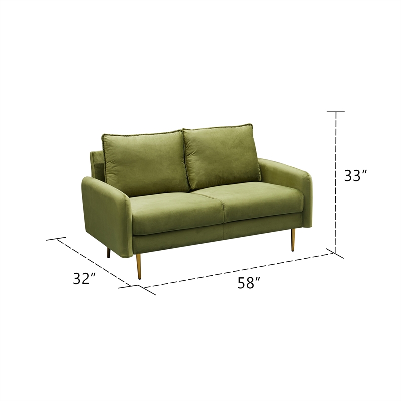 Pemberly Row Velvet Loveseat Sofa with Metal Legs for Living Room-Army Green