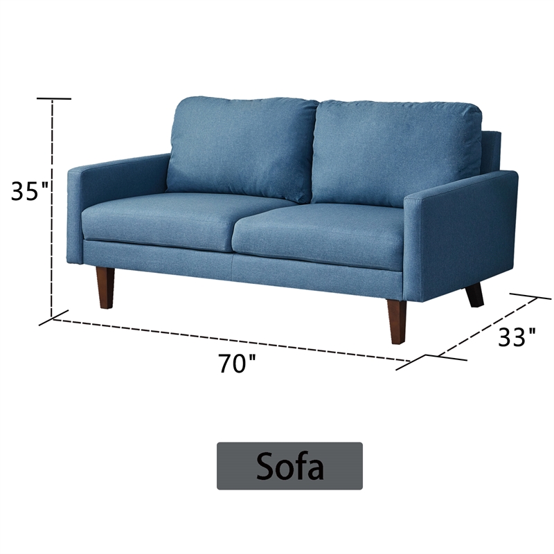 Pemberly Row Linen Sofa Couch with Wooden Legs for Living Room Office - Blue