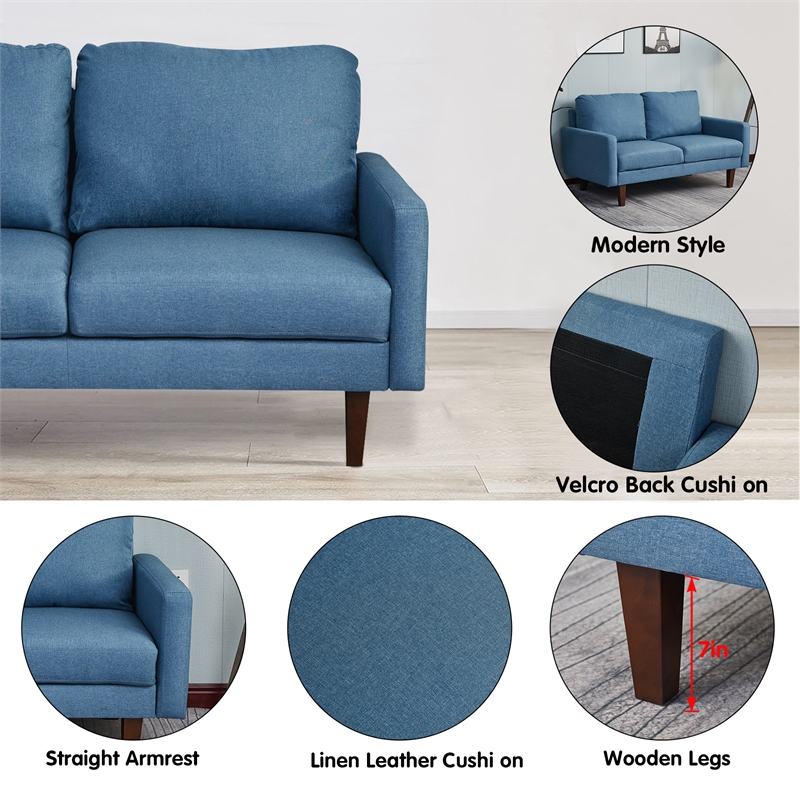 Pemberly Row Linen Sofa Couch with Wooden Legs for Living Room Office - Blue