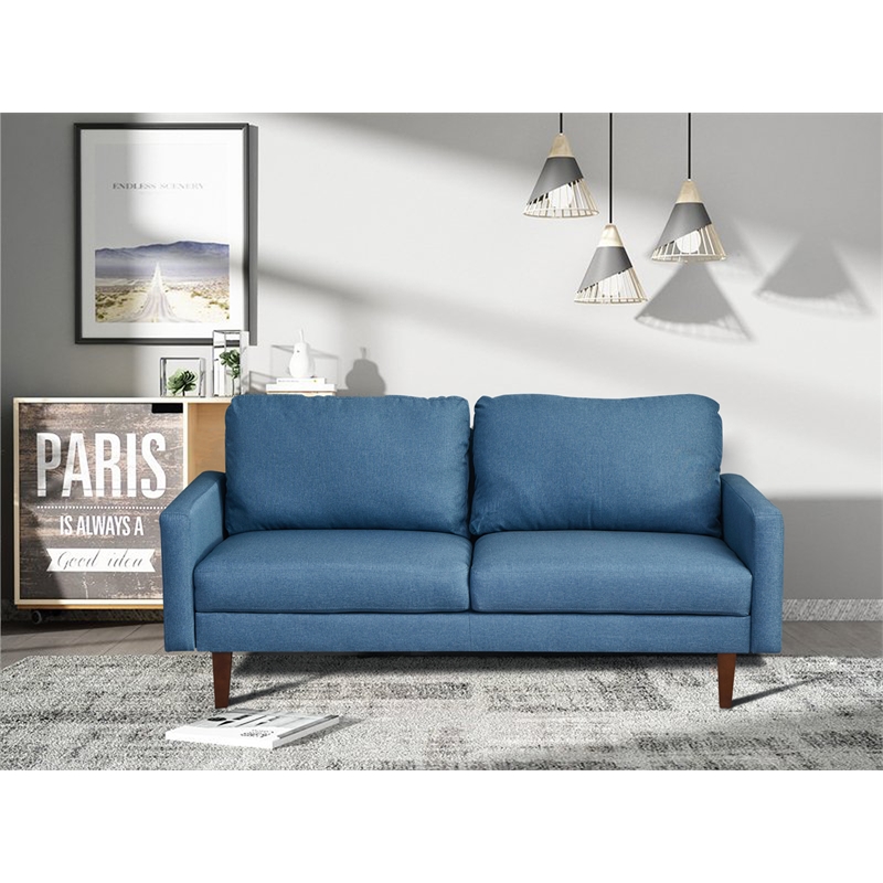 Pemberly Row Linen Sofa Couch with Wooden Legs for Living Room Office - Blue