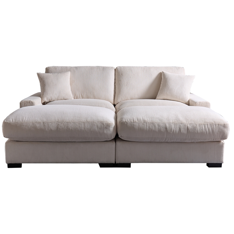 Pemberly Row Oversized Loveseat Sectional Sofa 2 Movable Ottomans Pillows Beige
