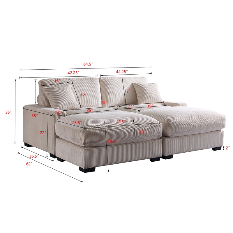 Pemberly Row Oversized Loveseat Sectional Sofa 2 Movable Ottomans Pillows Beige