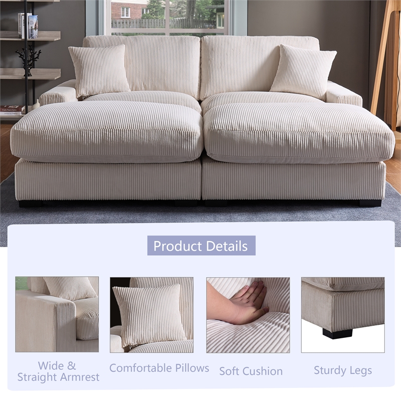 Pemberly Row Oversized Loveseat Sectional Sofa 2 Movable Ottomans Pillows Beige
