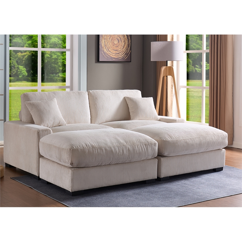 Pemberly Row Oversized Loveseat Sectional Sofa 2 Movable Ottomans Pillows Beige