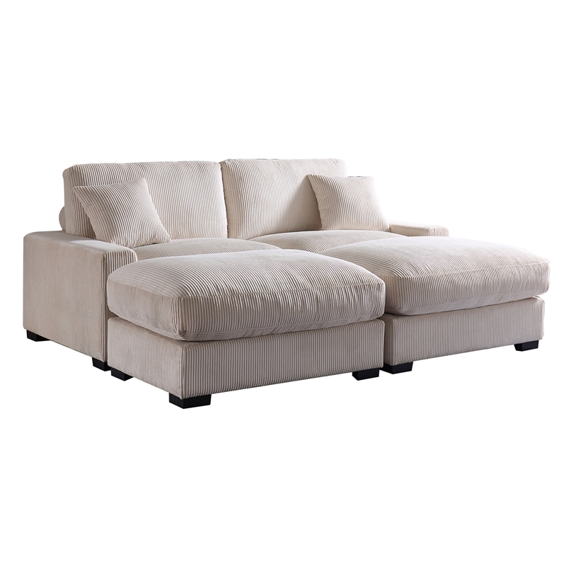 Pemberly Row Oversized Loveseat Sectional Sofa 2 Movable Ottomans Pillows Beige