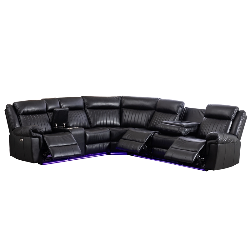 Pemberly Row Power Reclining Sectional Sofa PU Leather L-Shaped Sofa -Black