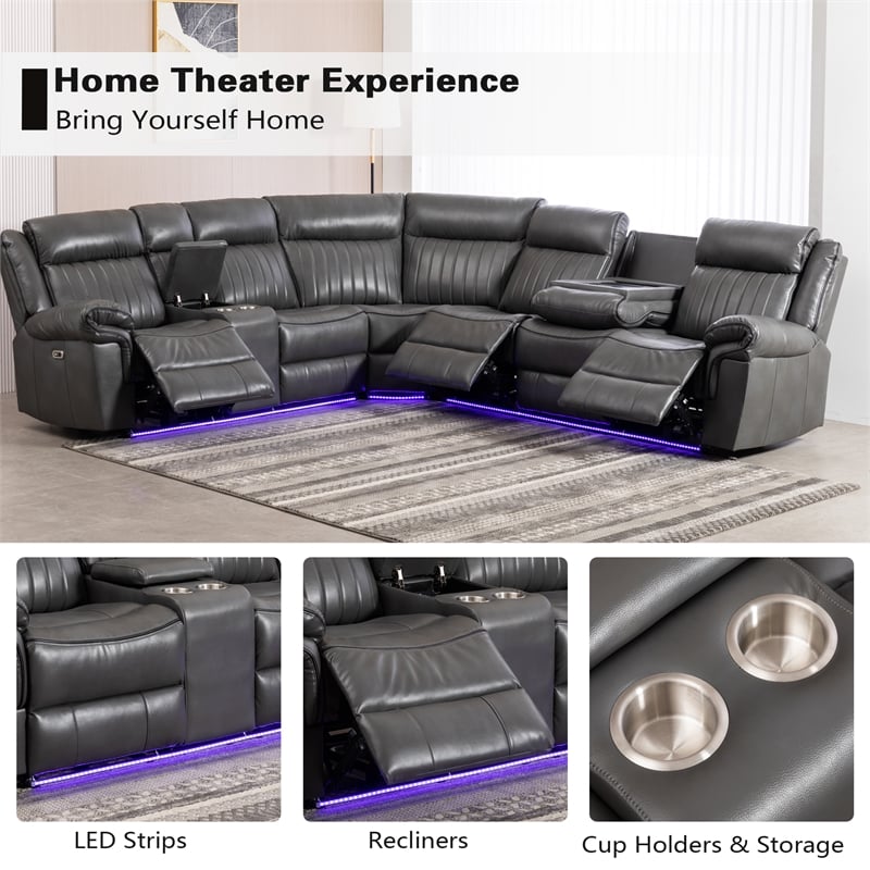 Pemberly Row Power Reclining Sectional Sofa PU Leather L-Shaped Sofa -Grey