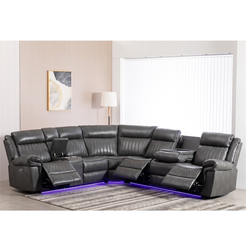 Pemberly Row Power Reclining Sectional Sofa PU Leather L-Shaped Sofa -Grey