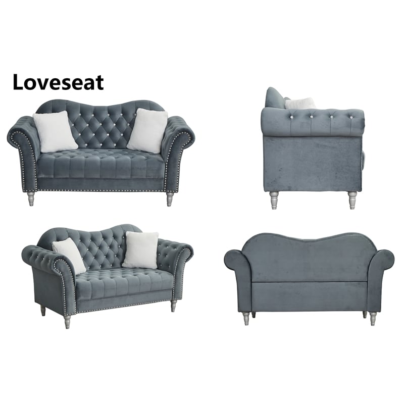 Pemberly Row Modern Velvet Sofa Set Button Tufted Sofa and Loveseat-Dark Grey