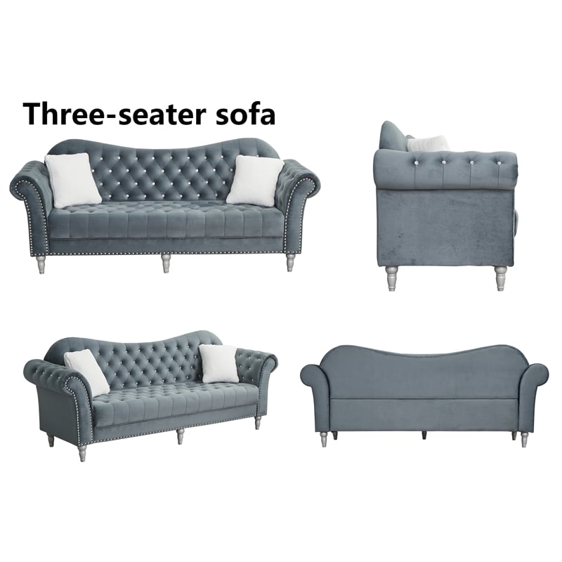 Pemberly Row Modern Velvet Sofa Set Button Tufted Sofa and Loveseat-Dark Grey