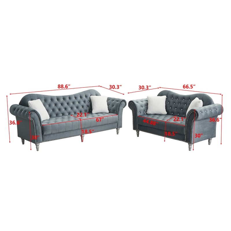 Pemberly Row Modern Velvet Sofa Set Button Tufted Sofa and Loveseat-Dark Grey
