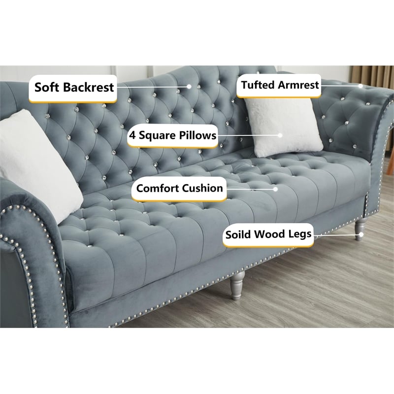 Pemberly Row Modern Velvet Sofa Set Button Tufted Sofa and Loveseat-Dark Grey