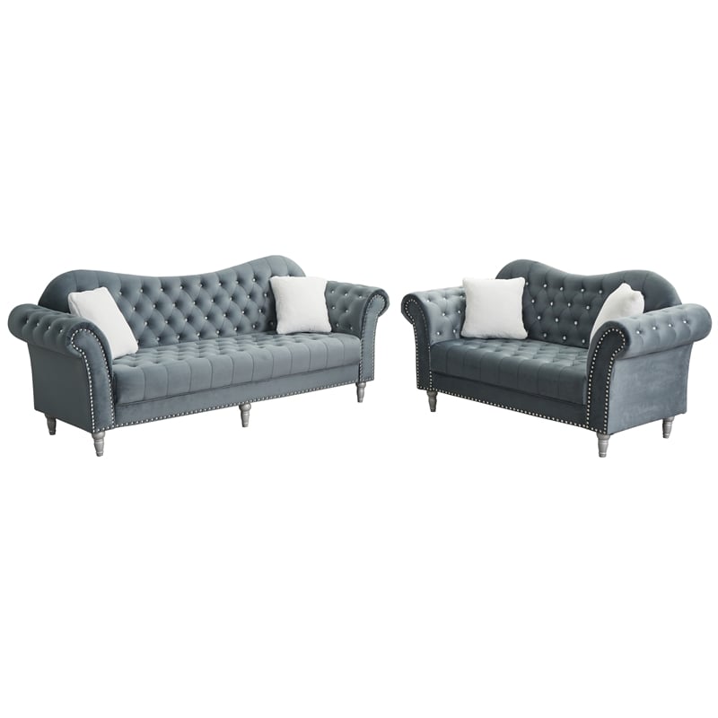 Pemberly Row Modern Velvet Sofa Set Button Tufted Sofa and Loveseat-Dark Grey