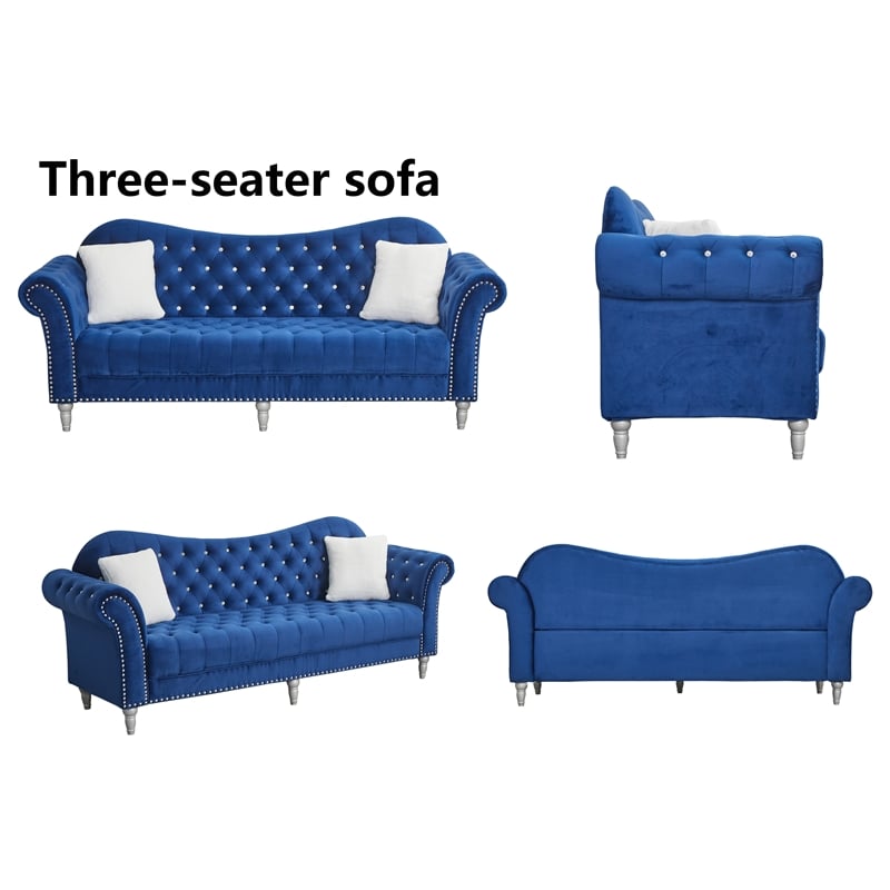 Pemberly Row Modern Velvet Sofa Set Button Tufted Sofa and Loveseat -Blue