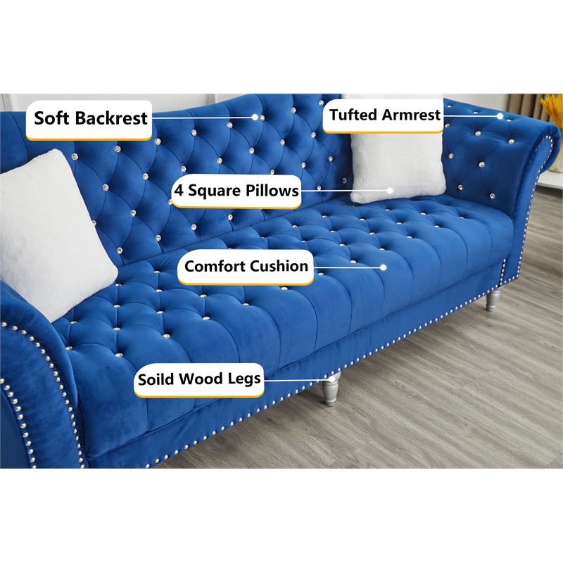 Pemberly Row Modern Velvet Sofa Set Button Tufted Sofa and Loveseat -Blue