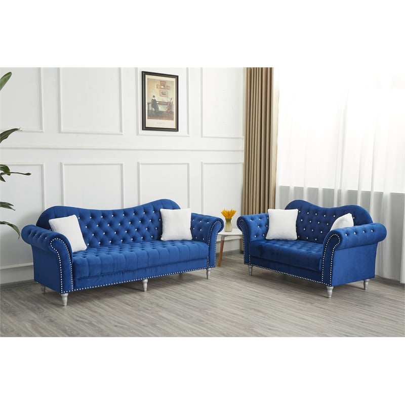 Pemberly Row Modern Velvet Sofa Set Button Tufted Sofa and Loveseat -Blue