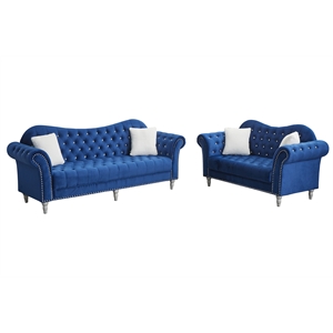 Pemberly Row Modern Velvet Sofa Set Button Tufted Sofa and Loveseat -Blue