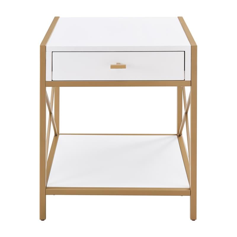 Pemberly Row Modern Metal and Wood Drawer End Table in White/Gold