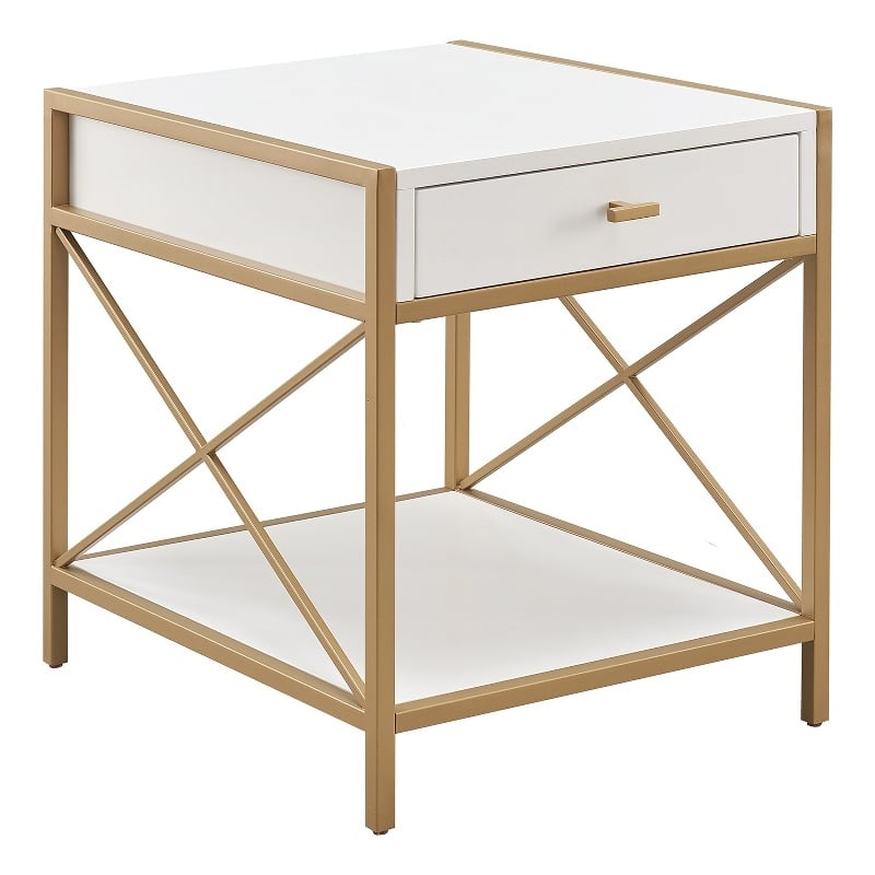 Pemberly Row Modern Metal and Wood Drawer End Table in White/Gold