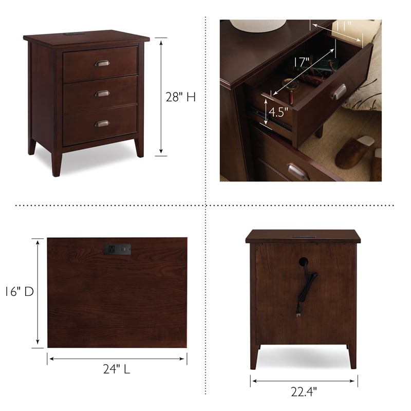 Pemberly Row Traditional Wood Nightstand in Chocolate (Set of 2)