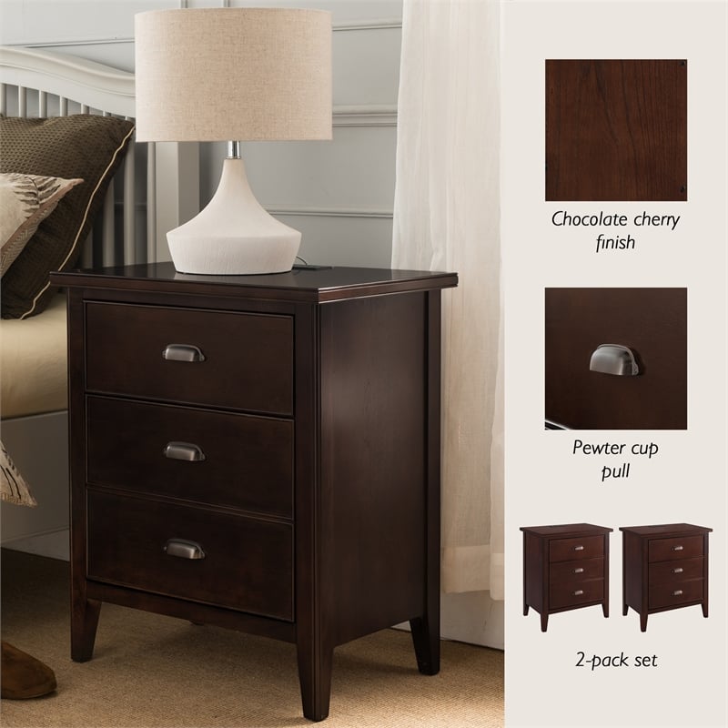 Pemberly Row Traditional Wood Nightstand in Chocolate (Set of 2)