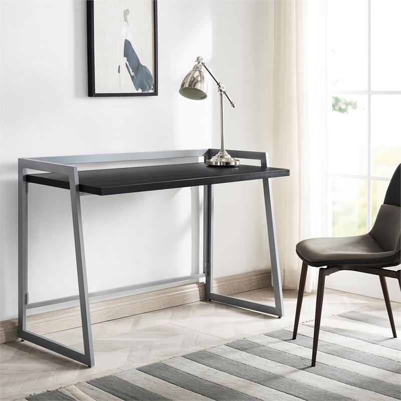 Pemberly Row Mixed Metal and Wood Desk in Black- Black/Nickel
