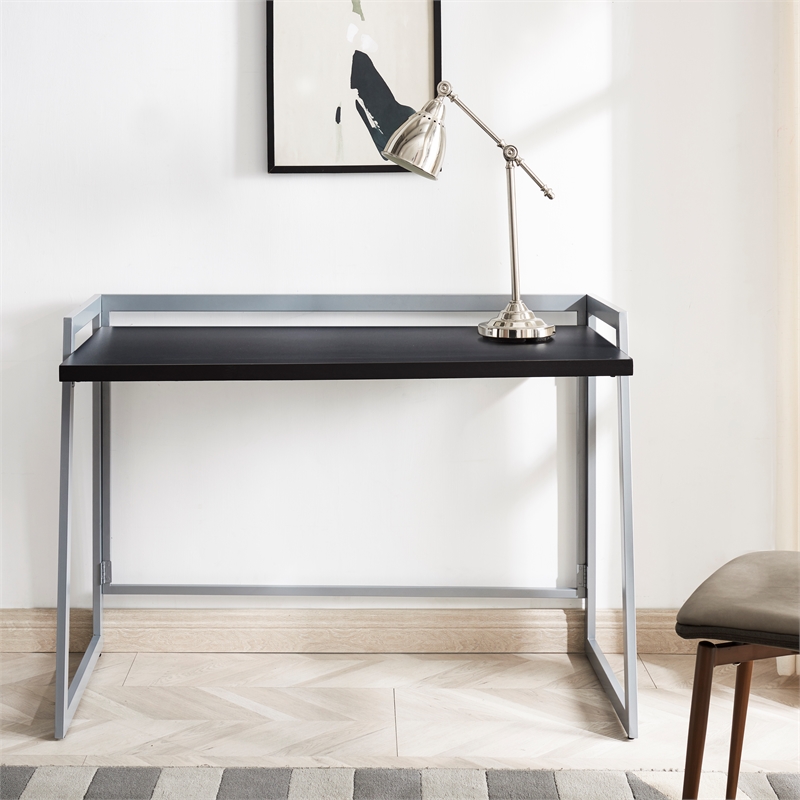 Pemberly Row Mixed Metal and Wood Desk in Black- Black/Nickel