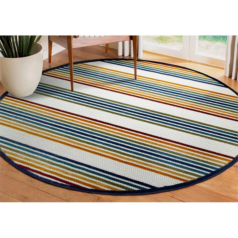 Pemberly Row Colorful Line Indoor Outdoor Area Rug Round 5'3