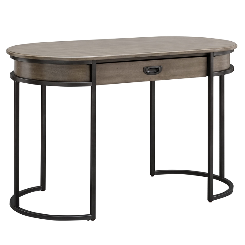 Pemberly Row Oval Wood & Metal Leg Home Office Desk with Drop Down Drawer in Oak