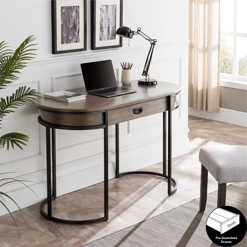 Pemberly Row Oval Wood & Metal Leg Home Office Desk with Drop Down Drawer in Oak