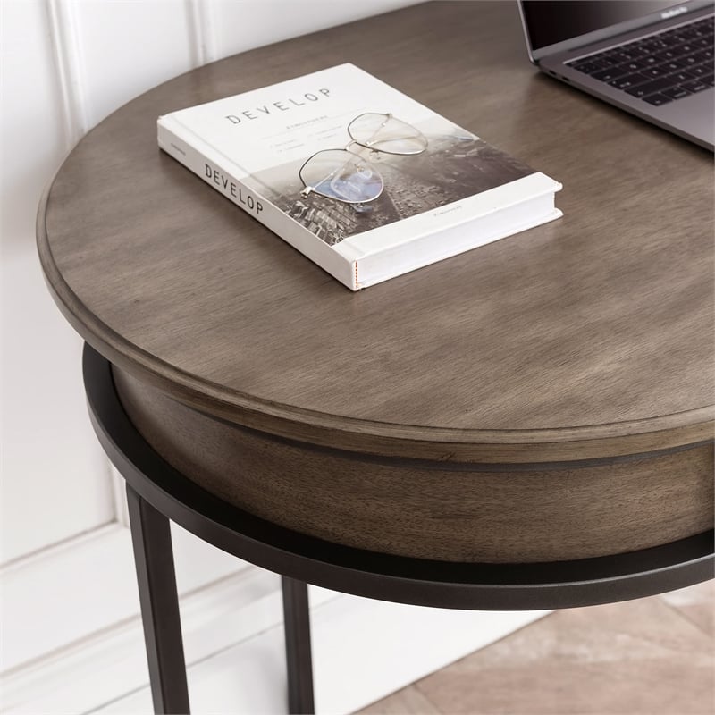 Pemberly Row Oval Wood & Metal Leg Home Office Desk with Drop Down Drawer in Oak