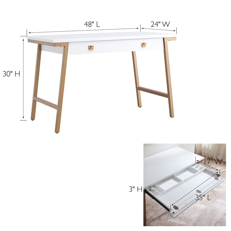 Pemberly Row Desk with Drop Front Keyboard Drawer in White/Gold