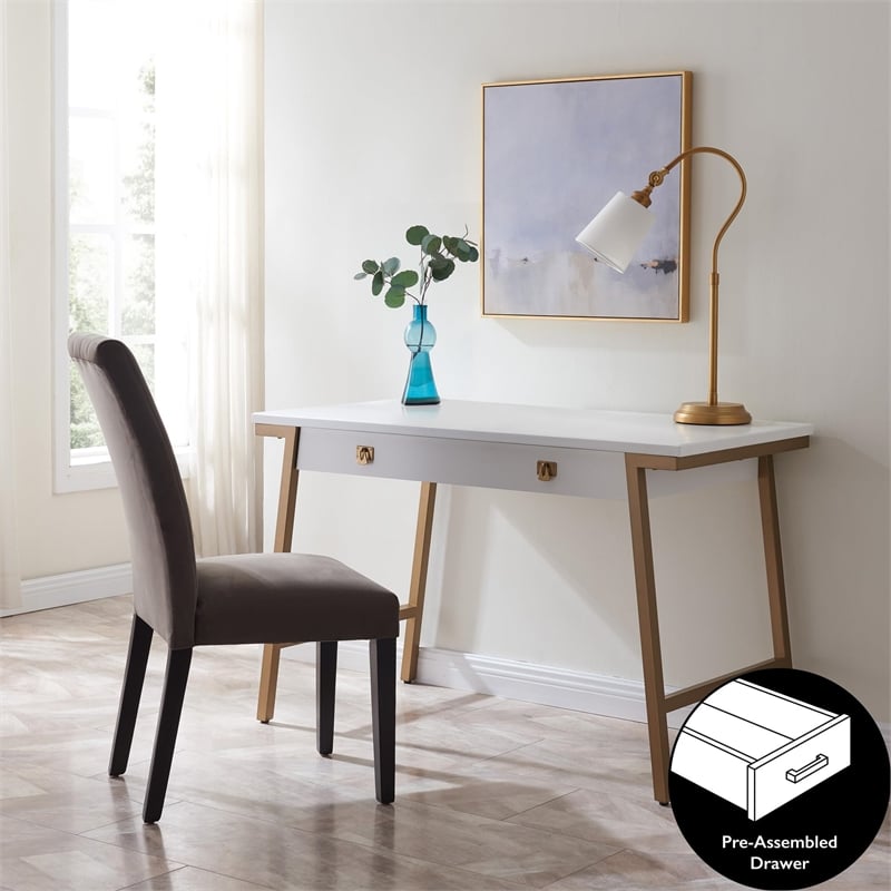 Pemberly Row Desk with Drop Front Keyboard Drawer in White/Gold