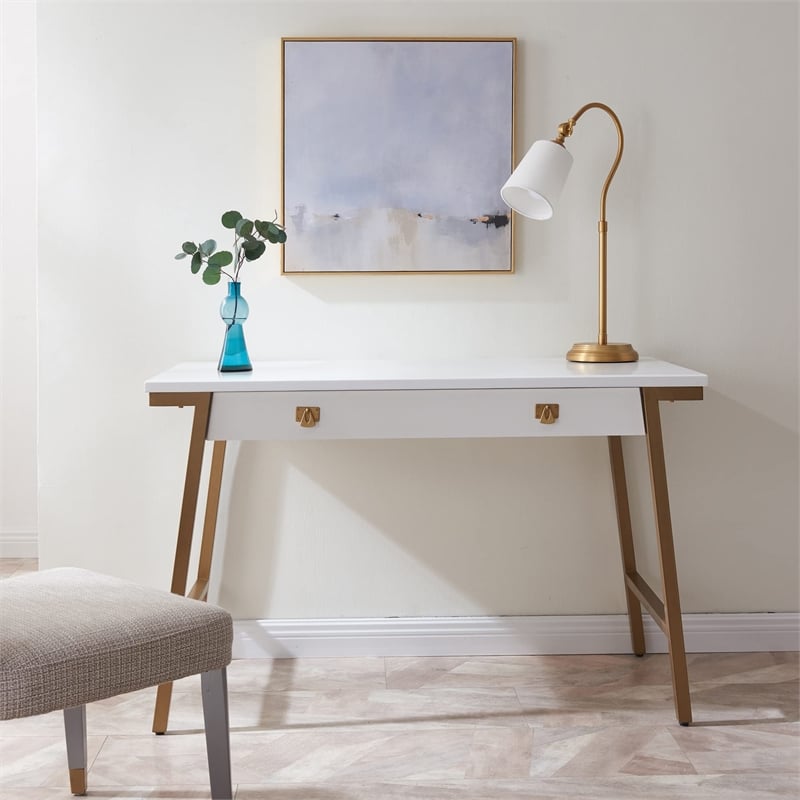 Pemberly Row Desk with Drop Front Keyboard Drawer in White/Gold