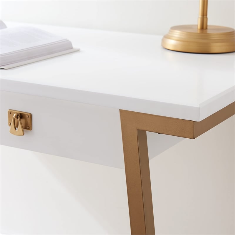 Pemberly Row Desk with Drop Front Keyboard Drawer in White/Gold