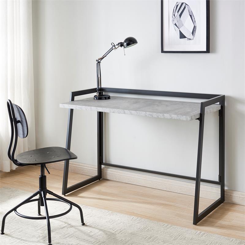 Pemberly Row Mixed Metal and Wood Desk in Gray Concrete/Gunmetal