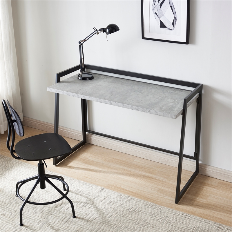 Pemberly Row Mixed Metal and Wood Desk in Gray Concrete/Gunmetal