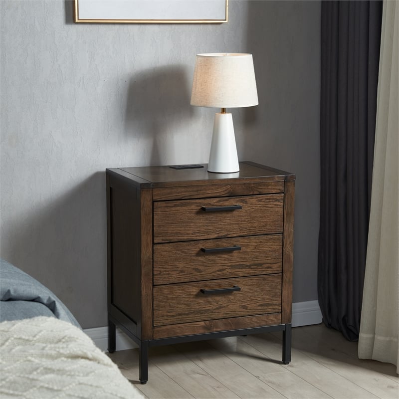 Pemberly Row 3-Drawer Wood Nightstand Table with AC/USB in Espresso