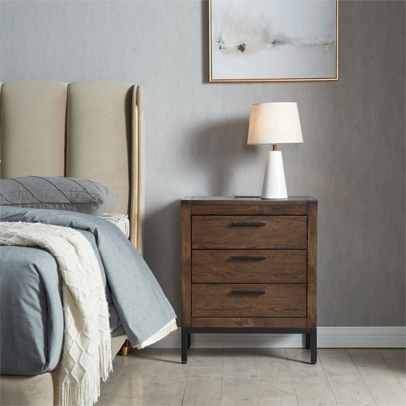 Pemberly Row 3-Drawer Wood Nightstand Table with AC/USB in Espresso