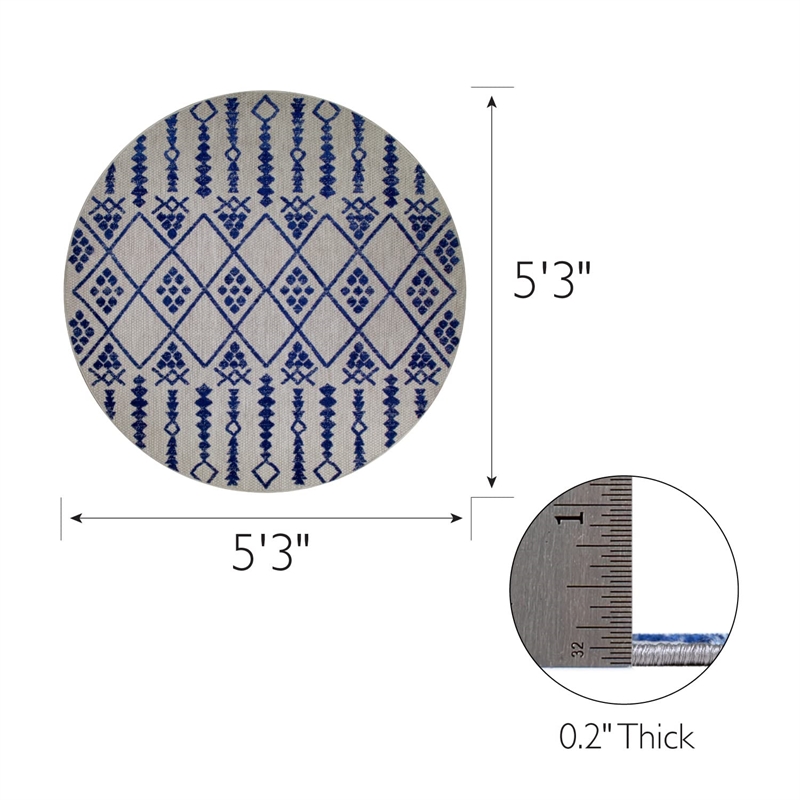 Pemberly Row Cusp Gray with Blue Indoor Outdoor Area Rug Round 5'3
